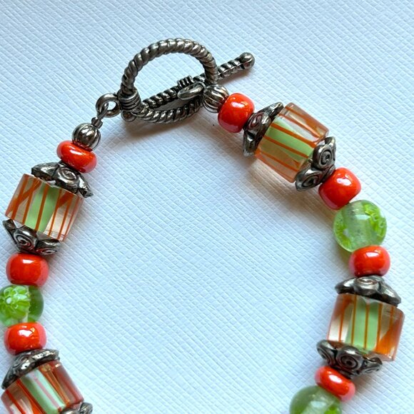 Handcrafted Artisan Orange & Green Glass Bead Bracelet Toggle Clasp - Picture 2 of 7